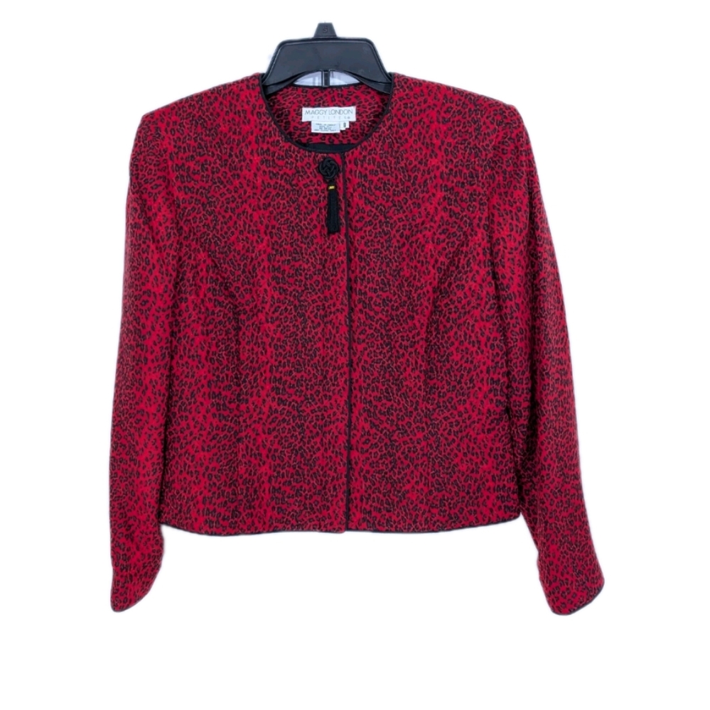 Vintage Animal Print Silk Jacket 8 petite 8P Women Red Blazer leopard maggy vtg